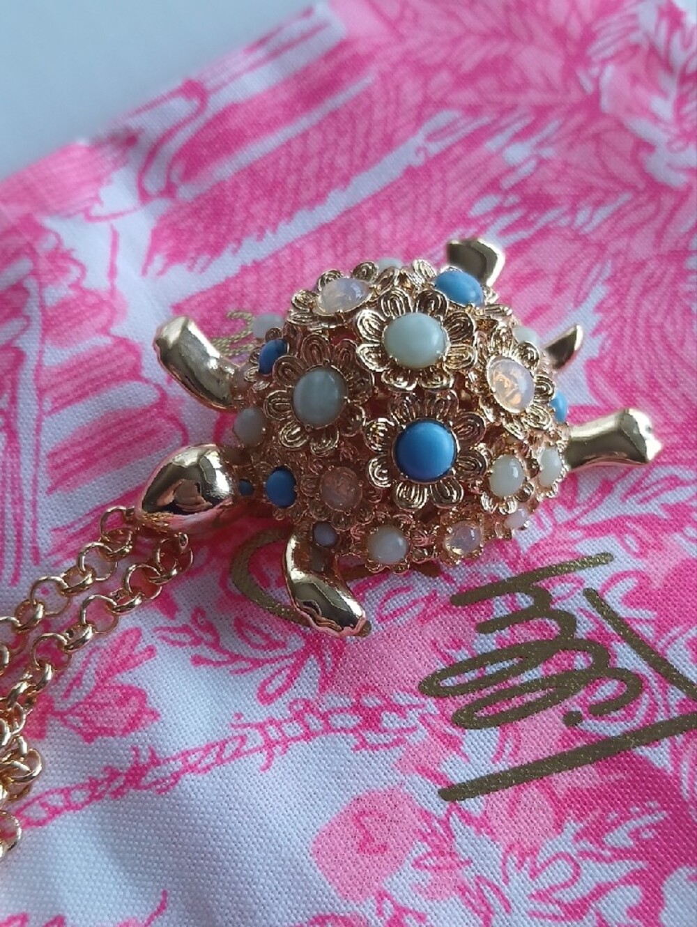 Lilly Pulitzer Gold Turtle Pendant Necklace with Blue and Opal Stones